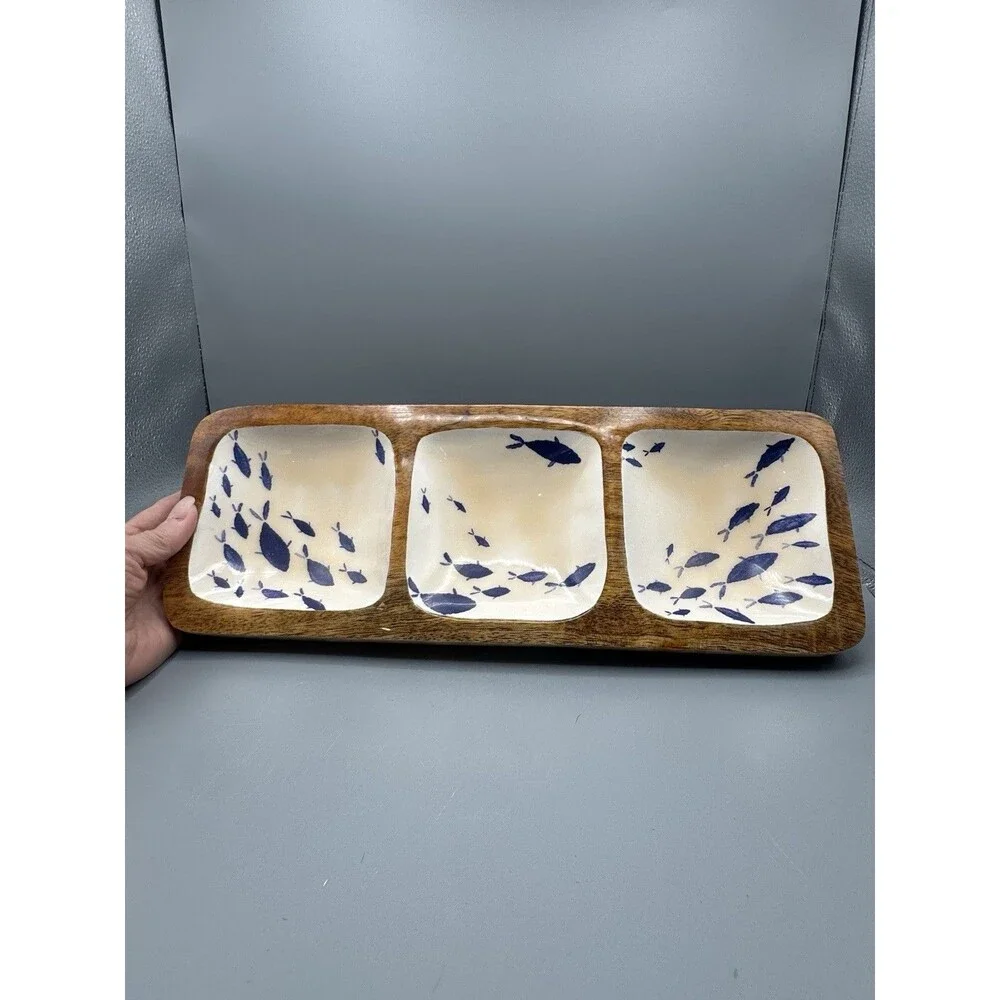 Batela Sea Style Large Wood Divided Serving Tray Platter Bowl School Of Fish 15”